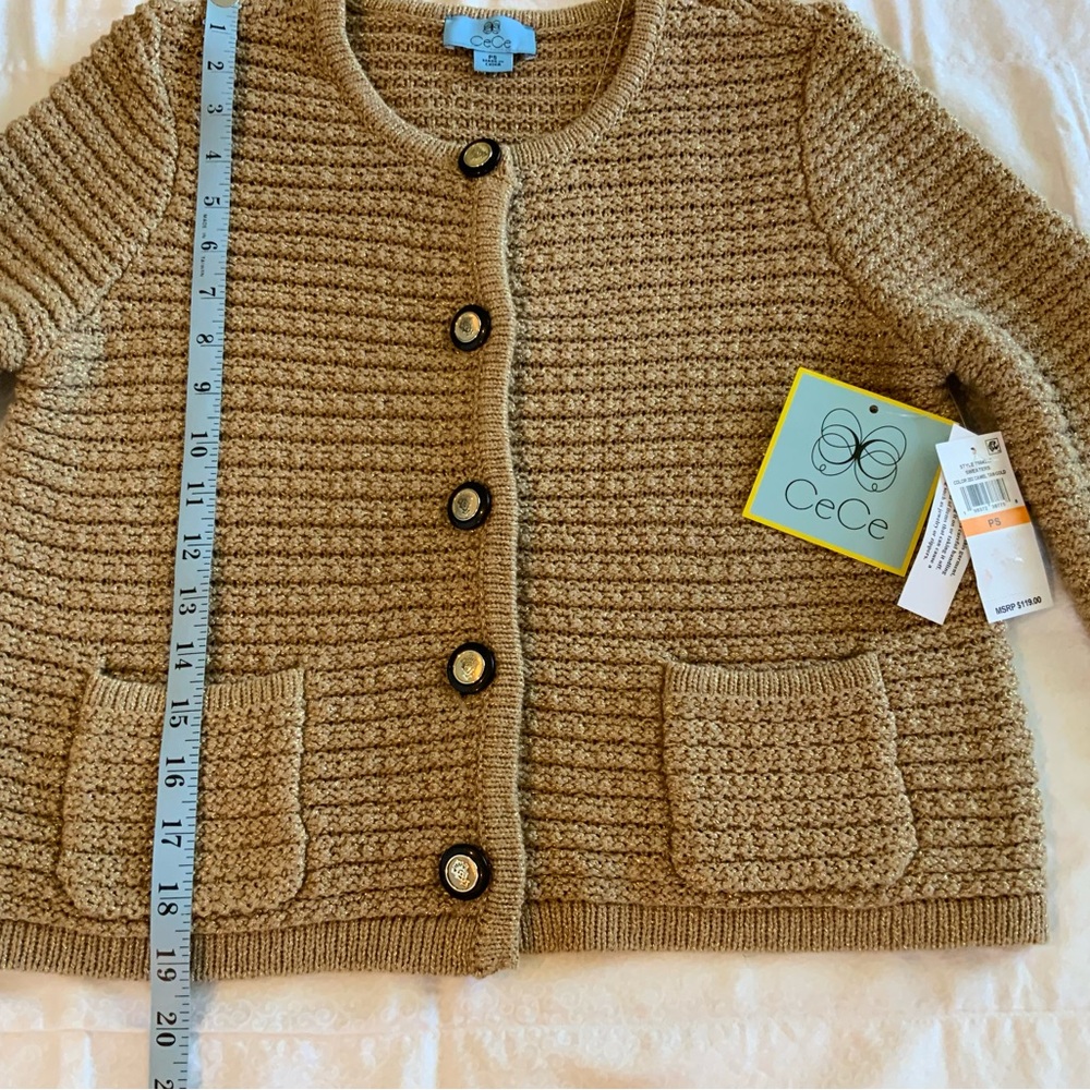 S119 New CeCe Cardigan Women’s Size PS Beige 68% Cotton Metallic Polyester - Picture 2 of 11